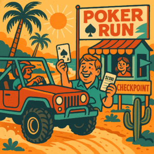 A square 1:1 animated cartoon illustration in vibrant 1970s retro style, showing an off-road vehicle mid-journey on a sunlit desert trail near the Baja coastline, stopping at a playful checkpoint booth marked “Poker Run,” a smiling middle-aged passenger holding a playing card and event scorecard, other checkpoints visible in the distance, colorful signage and banners, palm trees and cacti lining the dusty trail, warm golden hour glow, sun-faded retro color palette with reds, teals, and sandy browns, fun and adventurous vibe designed to highlight the excitement of the Poker Run game during an off-road beach event