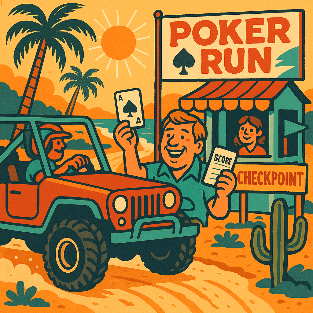 A square 1:1 animated cartoon illustration in vibrant 1970s retro style, showing an off-road vehicle mid-journey on a sunlit desert trail near the Baja coastline, stopping at a playful checkpoint booth marked “Poker Run,” a smiling middle-aged passenger holding a playing card and event scorecard, other checkpoints visible in the distance, colorful signage and banners, palm trees and cacti lining the dusty trail, warm golden hour glow, sun-faded retro color palette with reds, teals, and sandy browns, fun and adventurous vibe designed to highlight the excitement of the Poker Run game during an off-road beach event