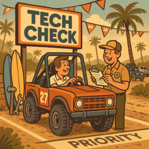 A square 1:1 animated cartoon illustration in 1970s retro style, showing an off-road vehicle in a dedicated pre-event tech inspection lane near a Baja beach trail, a middle-aged driver chatting with a friendly event official holding a checklist, visible "Tech Check" signage with vintage flair, other off-road vehicles waiting in a clearly marked priority staging line, palm trees and dusty trail background, surfboards and tools leaning nearby, warm golden hour lighting, retro event banners fluttering above, color palette with sun-faded oranges, khakis, and deep blues, playful yet organized atmosphere, designed to highlight readiness and VIP-style convenience for experienced off-roaders
