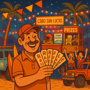 A square 1:1 animated cartoon illustration in 1970s retro style, set at a lively beachside night show stage near Cabo San Lucas, with colorful lights and palm trees glowing under the evening sky, a smiling middle-aged off-road participant holding a fan of 10 raffle tickets, prize booth in the background with gear and adventure packages on display, other guests cheering in the crowd, surfboards and vintage off-road vehicles parked nearby, festive banners fluttering above, nostalgic warm color palette with neon accents, sun-faded reds, yellows, and deep blues, playful and exciting atmosphere designed to highlight the thrill of winning at a retro beach event