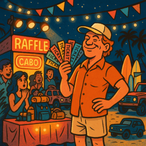 A square 1:1 animated cartoon illustration in 1970s retro style, showing a confident middle-aged off-road participant standing proudly near a glowing raffle booth at a beachside night event in Cabo, holding a huge bundle of 50 colorful raffle tickets like a jackpot fan, other guests watching in awe, stage lights shining on a prize table full of gear, surfboards, and adventure packages, vintage off-road vehicles parked nearby under string lights, festive banners waving above, warm and exciting nighttime vibe with sun-faded reds, tropical yellows, deep blues and neon pinks, playful retro energy designed to highlight the thrill of going all-in for the grand prize