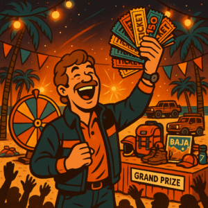 A square 1:1 animated cartoon illustration in bold 1970s retro style, showing a jubilant middle-aged off-road event participant dramatically holding an overflowing stack of 150 colorful raffle tickets at a glowing night show stage on a Baja beach, lights flashing as the crowd cheers, a retro prize wheel and grand prize table behind them filled with off-road gear and adventure packages, palm trees and vintage off-road vehicles lining the scene under string lights, vibrant banners waving, atmosphere buzzing with excitement, warm retro color palette with neon highlights and sun-faded tropical tones, designed to celebrate the all-in thrill of the ultimate raffle experience at a nostalgic desert beach event