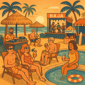 A square 1:1 animated cartoon illustration in 1970s retro style, showing a lively beachside pool party scene during golden hour in Baja, with middle-aged guests in vintage swimsuits lounging by the pool, enjoying drinks under straw umbrellas, DJs spinning vinyl and live bands playing on a small stage, raffle banners and vendor booths set up nearby, no vehicles present, palm trees swaying and surfboards leaning against a cabana, relaxed and festive atmosphere with retro details like tiki cups, sunglasses, and floaties, warm sun-faded color palette with ocean blues, sandy yellows, and sunset oranges, designed to highlight the laid-back social side of the event for non-drivers