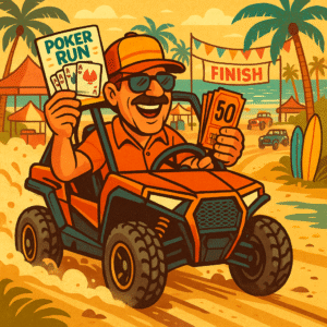 A square 1:1 animated cartoon illustration in vibrant 1970s retro style, showing a confident middle-aged off-road driver cruising along a dusty Baja beach trail in a UTV with a big smile, holding a colorful Poker Run scorecard in one hand and a stack of 50 raffle tickets in the other, checkpoint tents and festive banners dotting the background, palm trees and surfboards lining the route, distant view of the ocean and finish-line pool party, vintage vehicles kicking up dust in the background, warm golden hour glow with a retro color palette of sun-faded reds, sandy yellows, and Baja blues, playful, adventurous, and high-energy atmosphere designed to highlight the value-packed bundle for all-in event participants