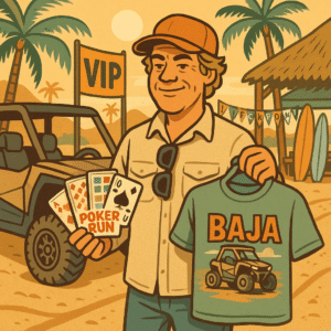 A square 1:1 animated cartoon illustration in 1970s retro style, showing a confident middle-aged off-road driver at a Baja beach event, standing beside a parked UTV in the VIP staging area, holding a colorful Poker Run scorecard in one hand and a fresh event merch tee in the other, palm trees and surfboards around a shaded VIP cabana zone, festive checkpoint banners visible along a dusty trail in the background, golden hour light casting long shadows, warm retro color palette with sun-faded oranges, seafoam greens, and tan desert tones, relaxed yet energized atmosphere designed to highlight the premium all-in-one experience for adventurous off-road enthusiasts