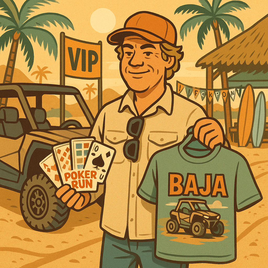 A square 1:1 animated cartoon illustration in 1970s retro style, showing a confident middle-aged off-road driver at a Baja beach event, standing beside a parked UTV in the VIP staging area, holding a colorful Poker Run scorecard in one hand and a fresh event merch tee in the other, palm trees and surfboards around a shaded VIP cabana zone, festive checkpoint banners visible along a dusty trail in the background, golden hour light casting long shadows, warm retro color palette with sun-faded oranges, seafoam greens, and tan desert tones, relaxed yet energized atmosphere designed to highlight the premium all-in-one experience for adventurous off-road enthusiasts
