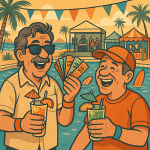 A square 1:1 animated cartoon illustration in 1970s retro style, showing two middle-aged friends relaxing at a lively Baja beachside pool party, each wearing wristbands and holding tropical drinks, one of them proudly fanning out a stack of 50 colorful raffle tickets, DJs and bands playing on a nearby stage, floaties and surfboards in the pool, vendor tents and prize tables visible in the background, festive beach banners fluttering above, warm golden hour lighting with a retro color palette of sun-faded blues, oranges, and palm greens, fun and social atmosphere designed to highlight a shared spectator experience packed with energy and raffle excitement